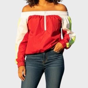 Vintage Windbreaker jacket Colorblock Off Shoulder cropped 1/4 Zip 90s 80s